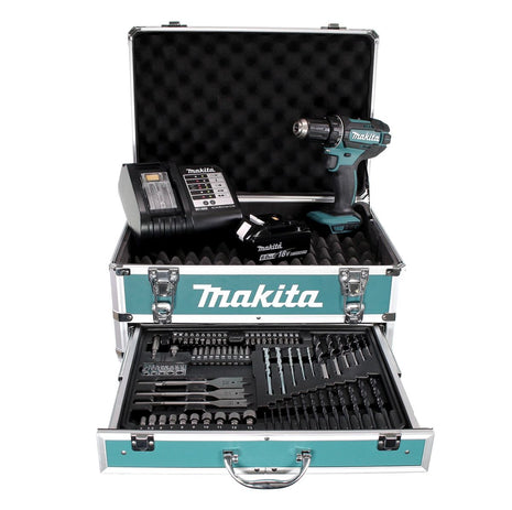 Perceuse-visseuse sans fil Makita DDF 482 SGX4 18 V 62 Nm + 1x batterie 6,0 Ah + chargeur + 70 pièces. Coffret forets + coffret