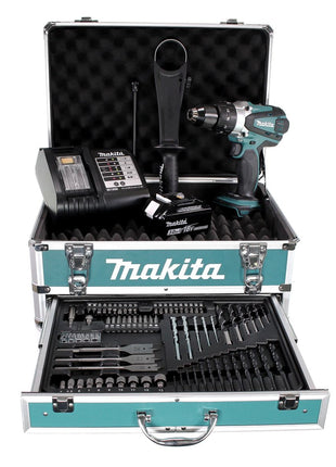 Perceuse à percussion sans fil Makita DHP 458 SFX4 18 V 91 Nm + 1x batterie 3,0 Ah + chargeur + 70 pièces. Coffret forets + coffret