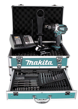 Perceuse à percussion sans fil Makita DHP 458 SMX4 18 V 91 Nm + 1x batterie 4,0 Ah + chargeur + 70 pièces. Coffret forets + coffret