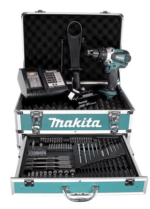 Perceuse à percussion sans fil Makita DHP 458 SGX4 18 V 91 Nm + 1x batterie 6,0 Ah + chargeur + 70 pièces. Coffret forets + coffret