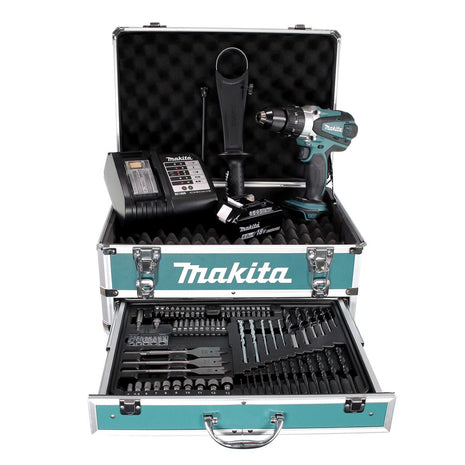 Taladro percutor inalámbrico Makita DHP 458 SGX4 18 V 91Nm + 1x batería 6,0Ah + cargador + 70 piezas. Juego de brocas + estuche