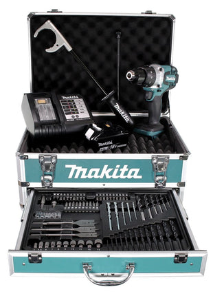 Perceuse à percussion sans fil Makita DHP 481 SMX4 18 V 115 Nm + 1x batterie 4,0 Ah + chargeur + 70 pièces. Coffret forets + coffret