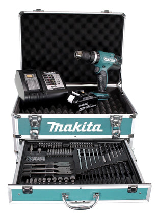 Perceuse à percussion sans fil Makita DHP 453 SMX4 18 V 42 Nm + 1x batterie 4,0 Ah + chargeur + 70 pièces. Coffret forets + coffret