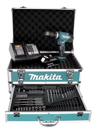 Perceuse à percussion sans fil Makita DHP 453 SGX4 18 V 42 Nm + 1x batterie 6,0 Ah + chargeur + 70 pièces. Coffret forets + coffret