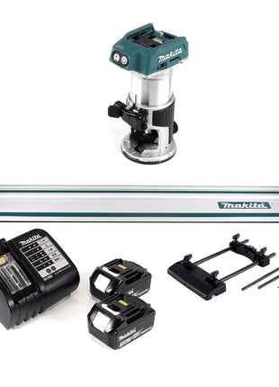 Fresadora multifuncional a batería Makita DRT 50 SF 18V sin escobillas + 2x baterías 3.0Ah + cargador + adaptador de carril guía + carril guía 1000mm