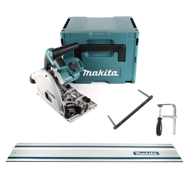 Makita DSP 600 ZJ Scie plongeante sans fil 36V (2x 18V) Brushless + rail de guidage + serre-joints + guide parallèle ( 165447-6 ) + Makpac - sans batterie, sans chargeur
