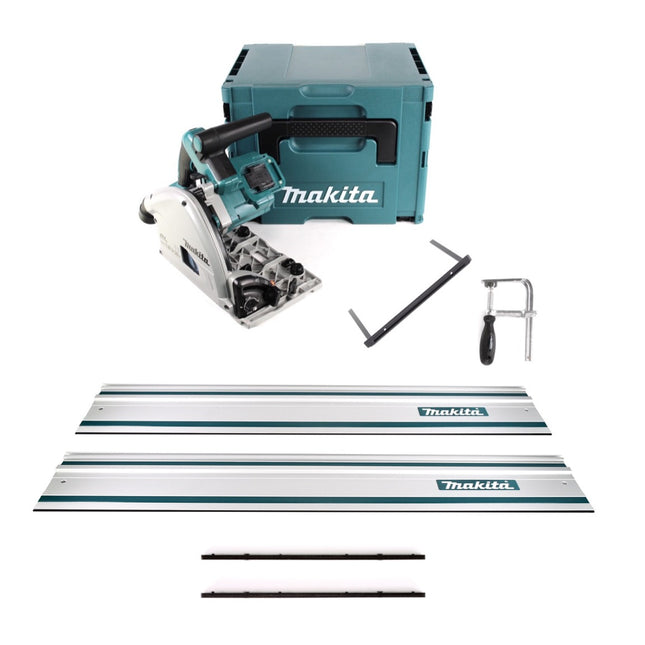 Makita DSP 600 ZJ Scie plongeante sans fil 36V (2x 18V) Brushless + 2x rail de guidage + serre-joints + connecteur de rail de guidage + guide parallèle ( 165447-6 ) + Makpac - sans batterie, sans chargeur