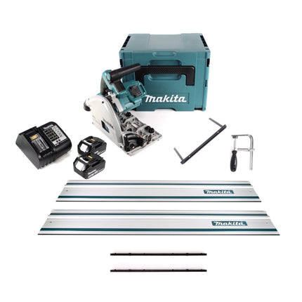 Makita DSP 600 STJ Scie plongeante sans fil 36V (2x 18V) Brushless + 2x guide-chaîne + guide parallèle + serre-joints + connecteur de guide-chaîne + 2x batterie 5,0Ah + chargeur + Makpac