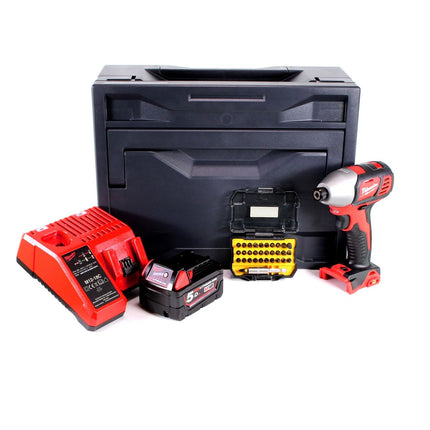 Clé à chocs sans fil Milwaukee M18 BID-501M 18V 180Nm 1/4" + 1x batterie 5,0Ah + chargeur + 32 pièces. Jeu d'embouts + boîte M