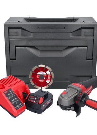 Meuleuse d'angle sur batterie Milwaukee M18 CAG115XPDB-501M 18 V 115 mm sans balais + 1x batterie 5,0 Ah + chargeur + disque à tronçonner + M-Box