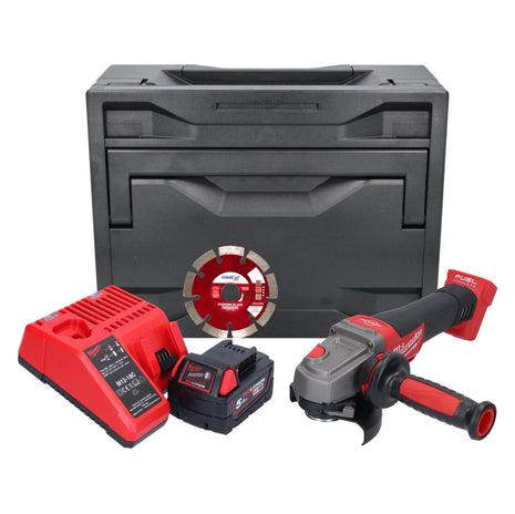 Amoladora angular a batería Milwaukee M18 CAG115XPDB-501M 18 V 115 mm sin escobillas + 1x batería 5,0 Ah + cargador + disco de corte + M-Box