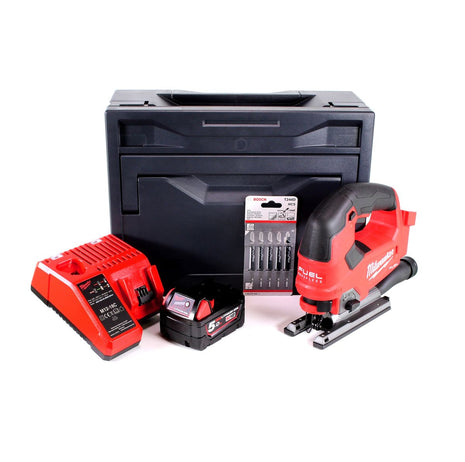 Scie sauteuse à batterie Milwaukee M18 FJS-501M 18V brushless + 1x batterie 5,0Ah + chargeur + 5x lame de scie sauteuse + M-Box