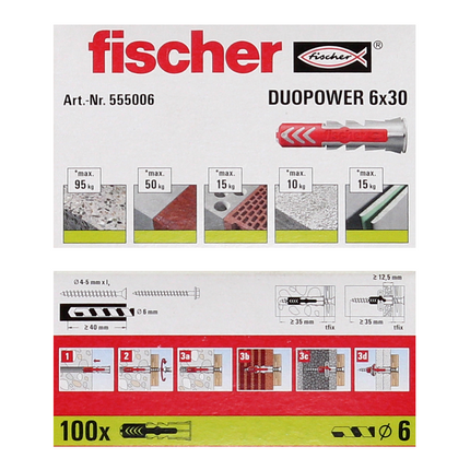 Cheville à expansion Fischer DUOPOWER 6x30mm 200 pièces (2x 555006)