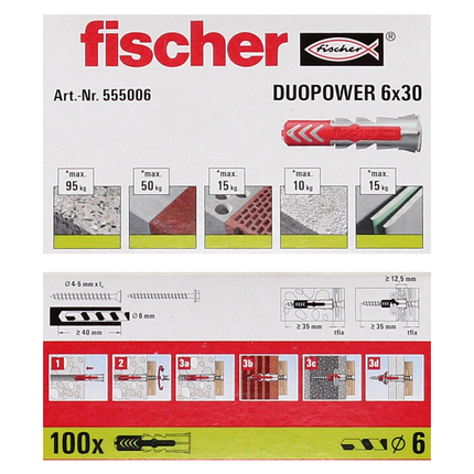 Cheville à expansion Fischer DUOPOWER 6x30mm 500 pièces (5x 555006)
