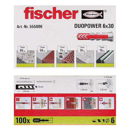 Cheville à expansion Fischer DUOPOWER 6x30mm 1000 pièces (10x 555006)