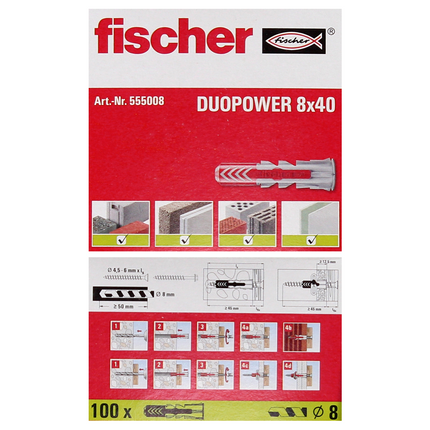 Cheville à expansion Fischer DUOPOWER 8x40mm 200 pièces (2x 555008)