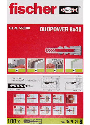 Taco de expansión Fischer DUOPOWER 8x40mm 500 piezas (5x 555008)