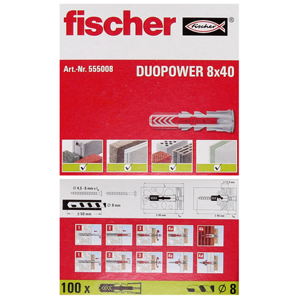 Cheville à expansion Fischer DUOPOWER 8x40mm 1000 pièces (10x 555008)