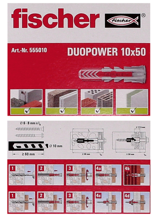 Cheville à expansion Fischer DUOPOWER 10x50mm 100 pièces (2x 555010)