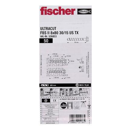 Vis à béton Fischer ULTRACUT FBS II 8x80mm 30/15 100 pièces tête hexagonale SW13 rondelle TX40 galvanisée (536853)