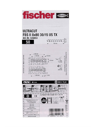 Fischer ULTRACUT FBS II Betonschraube 8x80mm 30/15 200 Stk. Sechskantkopf SW13 U-Scheibe TX40 galvanisch verzinkt ( 553686 )