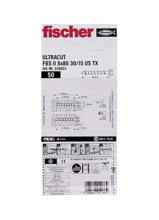 Vis à béton Fischer ULTRACUT FBS II 8x80mm 30/15 200 pièces tête hexagonale SW13 rondelle TX40 galvanisée (536853) + foret à béton en acier SDS-Plus 10x215 (B-58213).