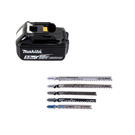 Makita DJV 181 T1J scie sauteuse pendulaire à batterie 18V brushless + 1x batterie 5,0Ah + Bosch 15 pièces. Jeu de lames de scie sauteuse + Makpac - sans chargeur