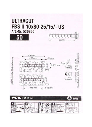 Vis à béton Fischer ULTRACUT FBS II 10x80mm 25/15/- 100 pièces tête hexagonale SW15 (2x 536860)