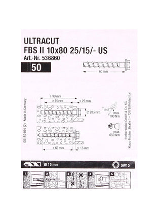 Vis à béton Fischer ULTRACUT FBS II 10x80mm 25/15/- 200 pièces tête hexagonale SW15 (553687)