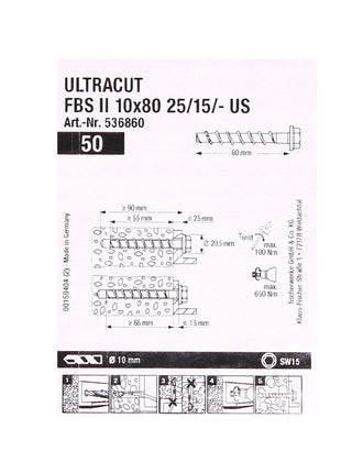 Vis à béton Fischer ULTRACUT FBS II 10x80mm 25/15/- 50 pièces tête hexagonale SW15 (536860) + Makita NEMESIS 2 SDS-Plus 10x215mm (B-58213)