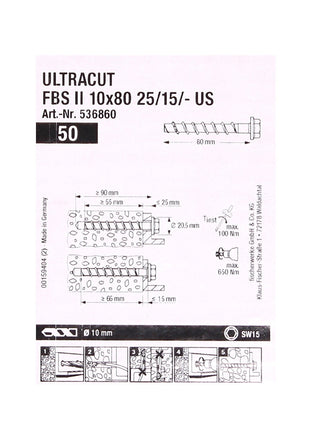 Vis à béton Fischer ULTRACUT FBS II 10x80mm 25/15/- 200 pièces tête hexagonale SW15 (553687) + Makita NEMESIS 2 SDS-Plus 10x215mm (B-58213).