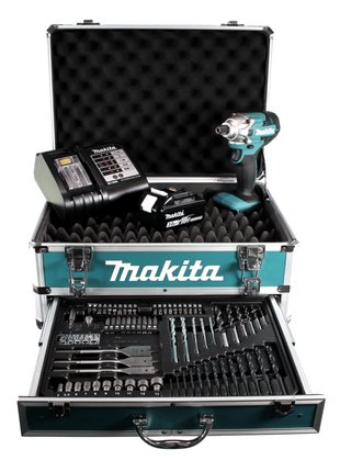 Makita DTD 156 SF1X4 clé à chocs sans fil 18V 155Nm + 1x batterie 3,0Ah + chargeur + jeu de 70 forets + coffret à outils en aluminium X4 avec insert universel