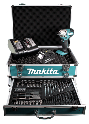 Makita DTD 156 SM1X4 clé à chocs sans fil 18V 155Nm + 1x batterie 4,0Ah + chargeur + jeu de 70 forets + coffret à outils en aluminium X4 avec insert universel