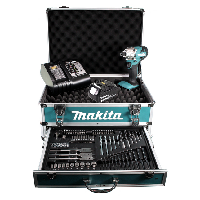 Makita DTD 156 SM1X4 clé à chocs sans fil 18V 155Nm + 1x batterie 4,0Ah + chargeur + jeu de 70 forets + coffret à outils en aluminium X4 avec insert universel