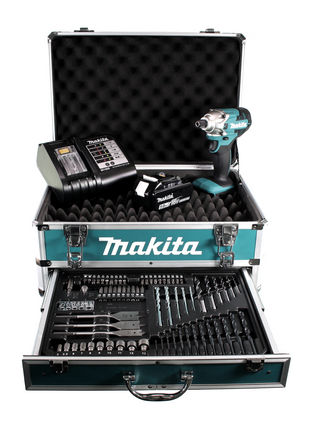 Makita DTD 156 ST1X4 clé à chocs sans fil 18V 155Nm + 1x batterie 5,0Ah + chargeur + jeu de 70 forets + coffret à outils en aluminium X4 avec insert universel