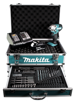 Makita DTD 156 SG1X4 clé à chocs sans fil 18V 155Nm + 1x batterie 6,0Ah + chargeur + jeu de 70 forets + coffret à outils en aluminium X4 avec insert universel