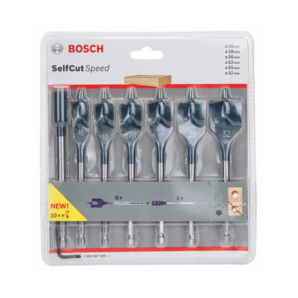 Bosch Self Cut Speed Set: Mèches plates 16/18/20/22/25/32mm, 7 pcs. + Rallonge 1/4" (2608587009)