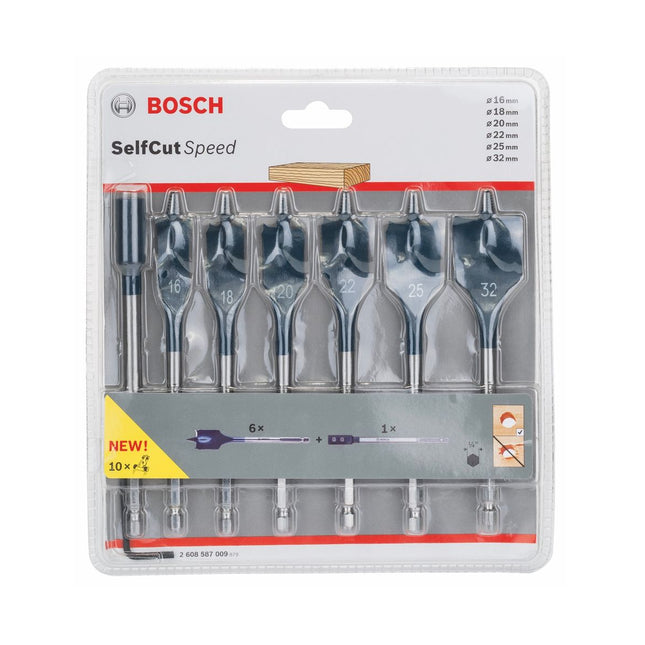 Bosch Self Cut Speed Set: Mèches plates 16/18/20/22/25/32mm, 7 pcs. + Rallonge 1/4" (2608587009)