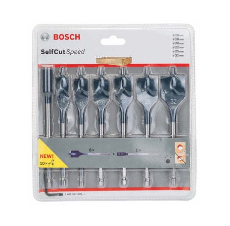 Juego de brocas fresadoras planas Bosch Self Cut Speed ​​de 7 piezas. 16/18/20/22/25/32mm + extensión 1/4" ( 2608587009 )