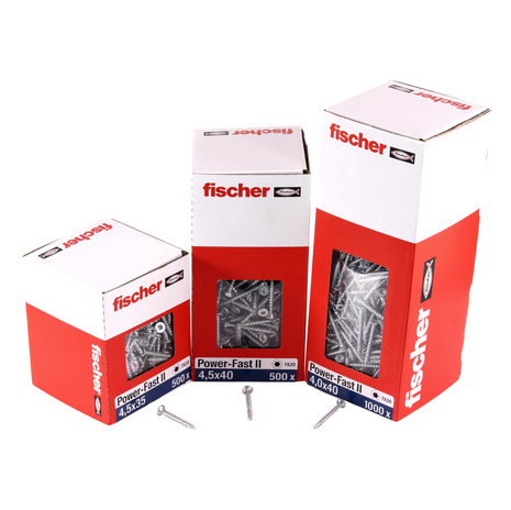 Fischer Power-Fast II FPF II tornillos para aglomerado 4,5x40 mm 500 piezas (670261) cabeza avellanada con rosca completa Torx, galvanizado, pasivado azul