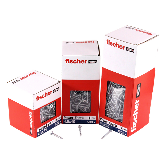 Fischer Power-Fast II FPF II Vis à bois aggloméré 4,0x45 mm, 200 pcs. Tête fraisée avec empreinte Torx, filetage total, zingué et passivé bleu (670161)