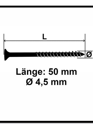 Fischer Power-Fast II FPF II Vis à bois aggloméré 4,5x50mm, Tête fraisée, Torx, Filetage partiel, Zingué et passivé bleu, 200 pcs. (670272)