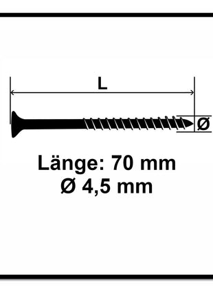 Fischer Power-Fast II FPF II Vis à bois aggloméré 4,5x70mm, Tête fraisée, Torx, Filetage partiel, Zingué et passivé bleu, 100 pcs. (670276)