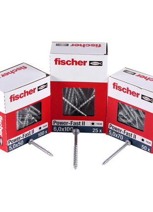 Fischer Power-Fast II FPF II Vis à bois aggloméré 6,0x100 mm, 25 pcs., tête fraisée, empreinte Torx, filetage total, zingué et passivé bleu  ( 670458 )