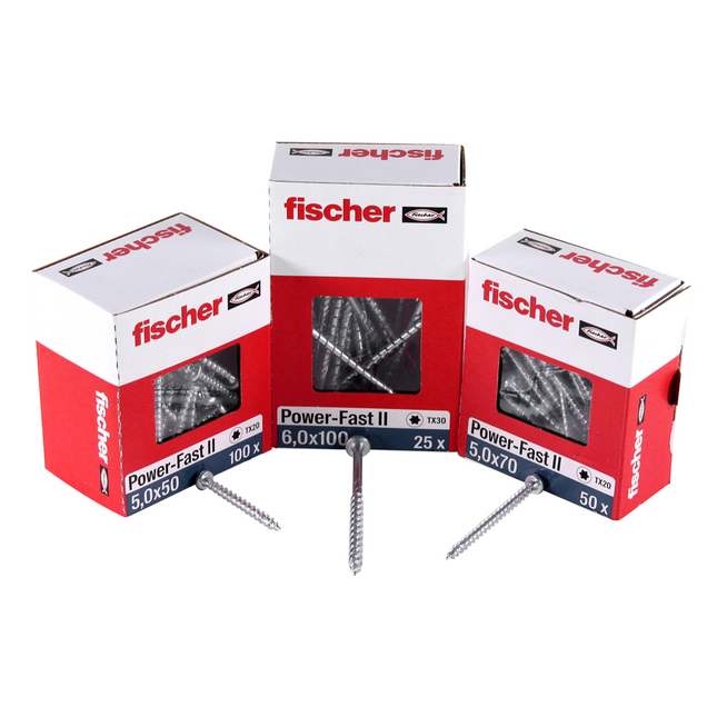 Fischer Power-Fast II FPF II Vis à bois aggloméré 6,0x130mm, Tête fraisée, Empreinte Torx ,Filetage partiel, Zingué blanc, Bleu passivé - 50 pcs. (670691)