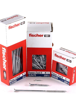 Fischer Power-Fast II FPF II Vis à bois aggloméré 6,0x240 mm, 50 pcs., tete fraisée, empreinte Torx, filetage partiel, zingué et passivé bleu  ( 670469 )