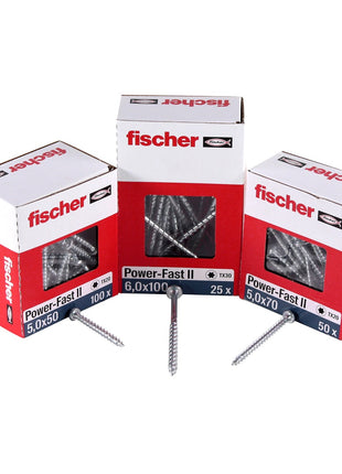 Fischer Power-Fast II FPF II Vis à bois aggloméré 6,0x100 mm, 25 pcs., tête ronde, empreinte Torx, filetage partiel, zingué et passivé bleu ( 670533 )