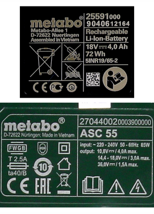 Metabo Kit de base - 1x Batterie Li-Power 18 V 4,0 Ah CAS Li-Ion ( 625591000 ) + Chargeur ASC 55 ( 627044000 )