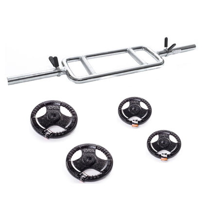 Kit d'entraînement pour triceps/biceps avec barre de poids 85 cm + 4x plaques de poids en fonte (2x 10,0 kg + 2x 5,0 kg)