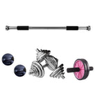 Set completo de entrenamiento con barra de dominadas de 60-90 cm + 2 mangos para flexiones + juego de mancuernas de 15 kg de hierro fundido + rodillo abdominal con rueda